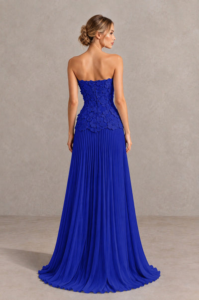 BOLODOO Royal Blue Strapless Floral Applique Pleated Evening Dress - Royal Blue - Royal Blue_2