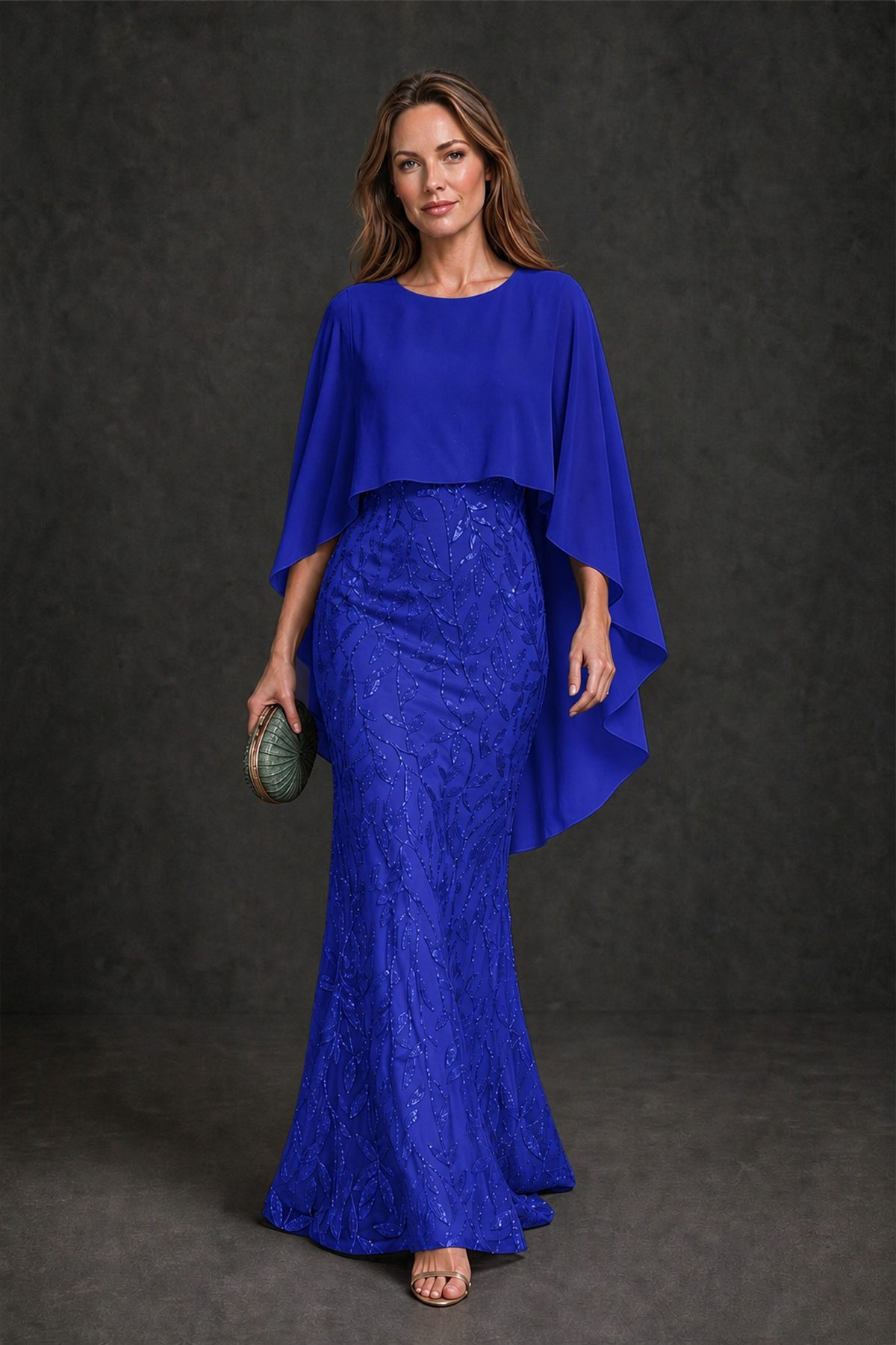 BOLODOO Royal Blue Round Neck Chiffon Cape Overlay Sequin Lace Mermaid Maxi Dress - Royal Blue - Royal Blue_2