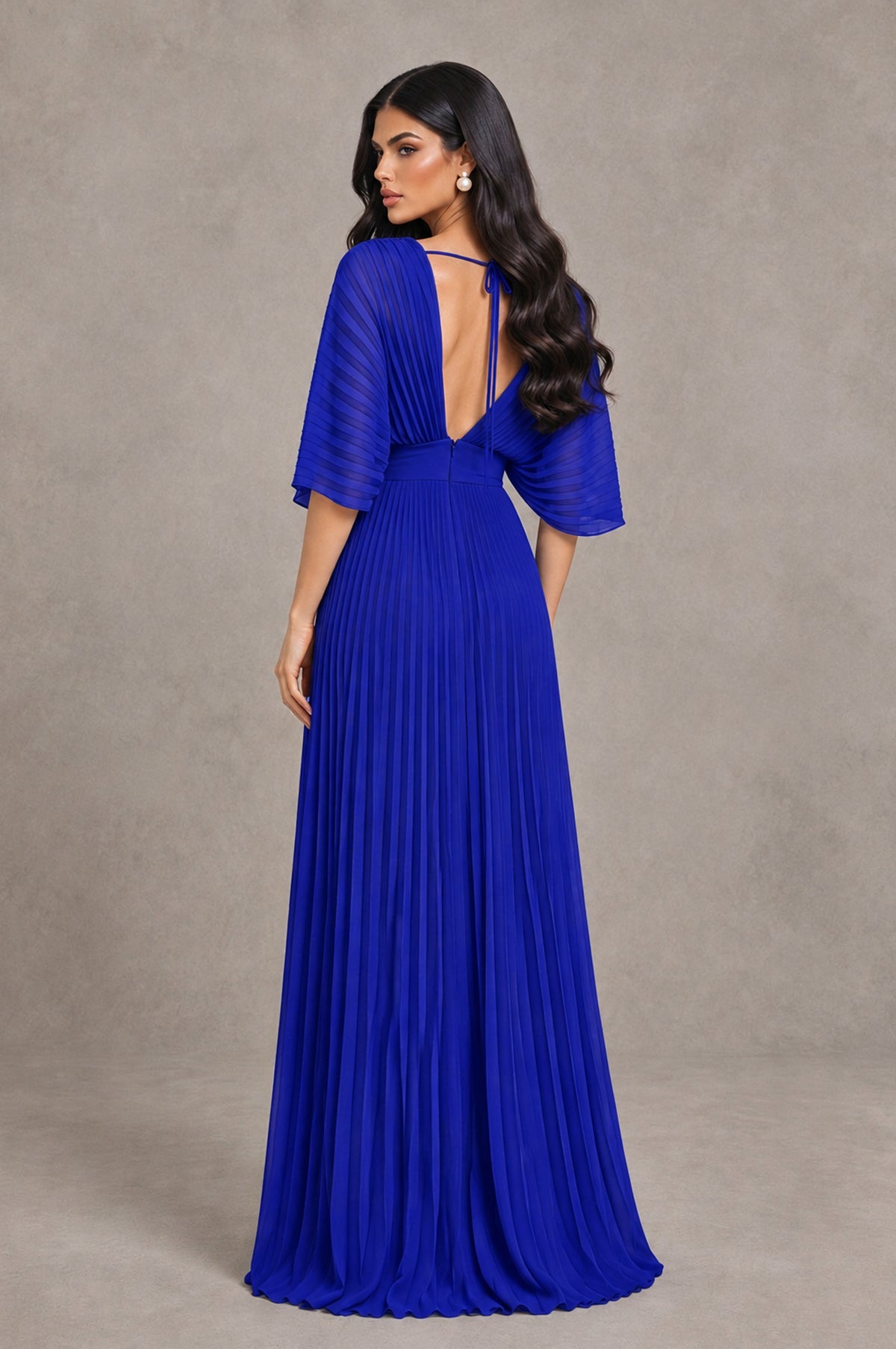 BOLODOO Royal Blue V-Neck Pleated Flutter Sleeve Formal Dress - Royal Blue - Royal Blue_2