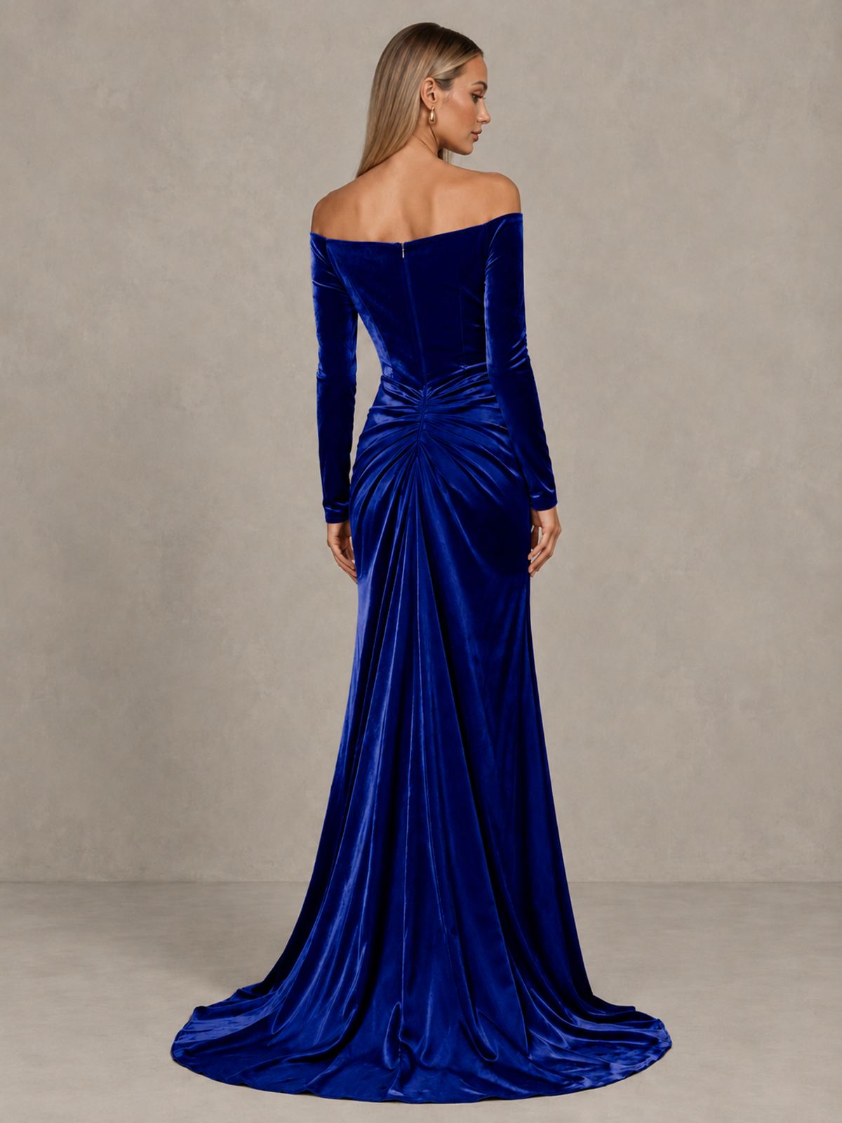 BOLODOO Royal Blue Off-Shoulder Velvet Evening Gown with High Slit - Royal Blue - Royal Blue_2