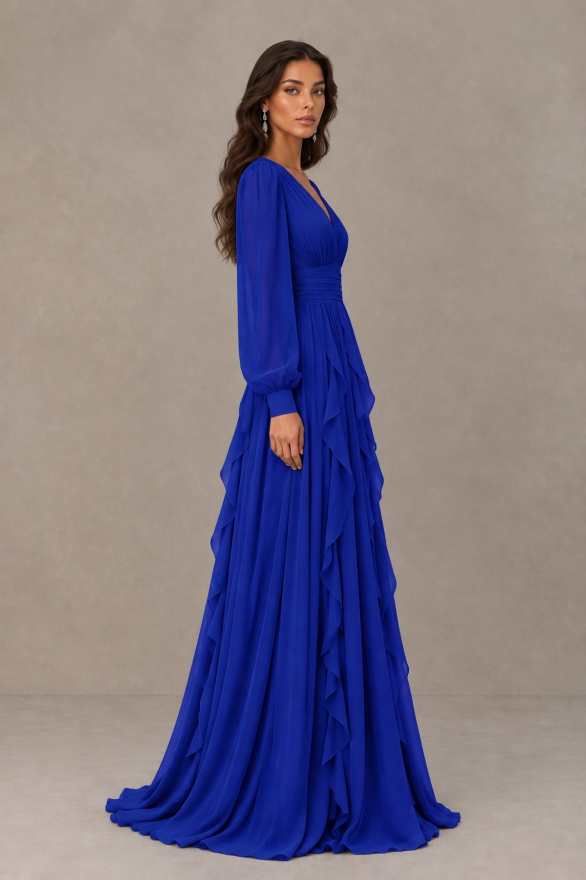 BOLODOO Royal Blue Long Sleeve V-Neck Ruffle Maxi Dress - Royal Blue