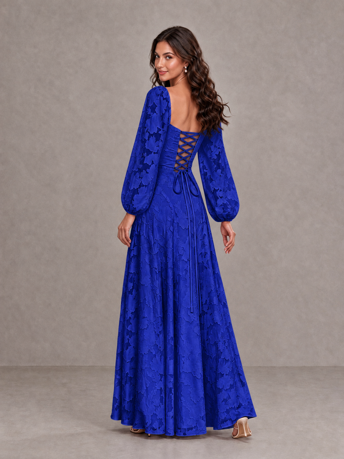 BOLODOO Royal Blue Floral Long Sleeve A-Line Bridesmaid Dress - Royal Blue - Royal Blue_2