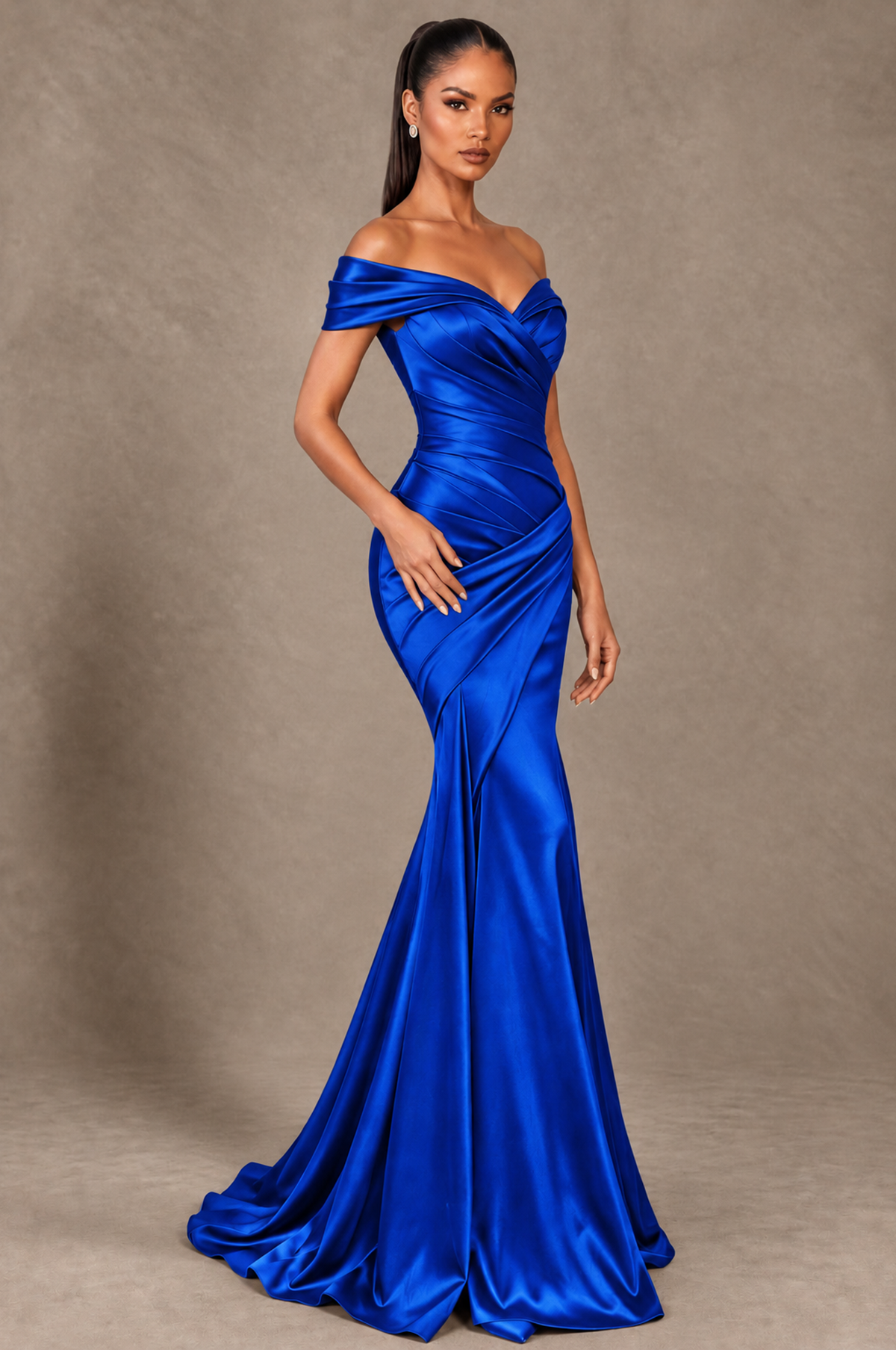 BOLODOO Royal Blue Off-the-Shoulder Ruched Satin Mermaid Evening Dress - Royal Blue - Royal_Blue_2
