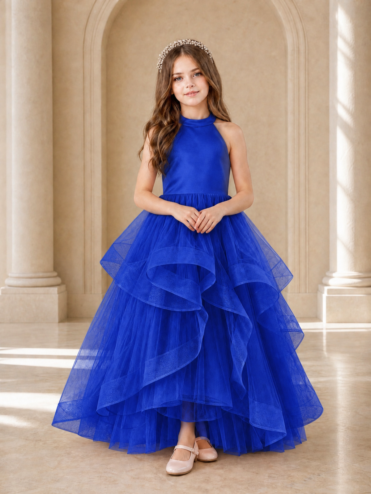BOLODOO Royal Blue Halter Tiered Tulle Flower Girl Dress with Bow Back - Royal Blue - Royal Blue_2