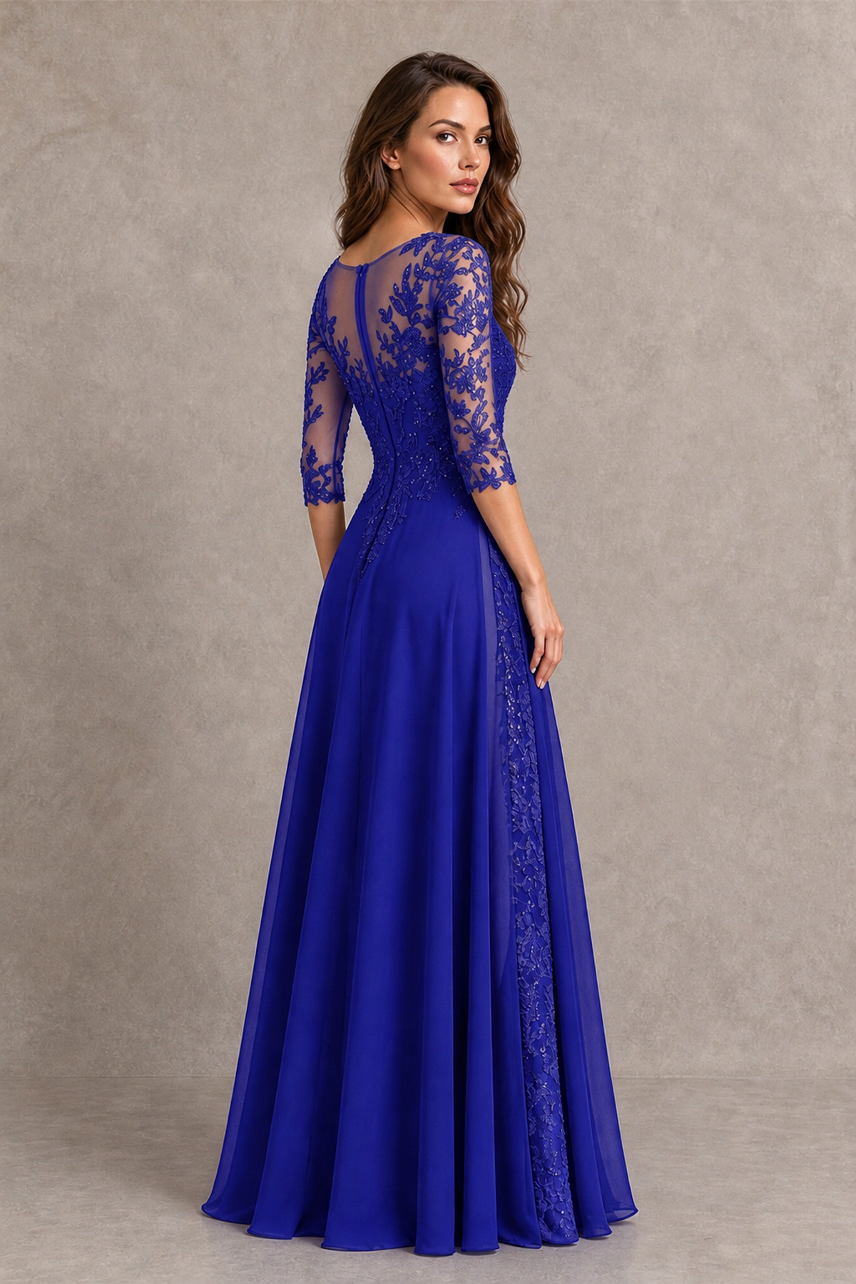 BOLODOO Midnight Royal Blue Beaded Lace Appliqué Chiffon A-Line Gown | Mother of the Bride & Formal Evening Dress - Royal Blue - Royal Blue_2