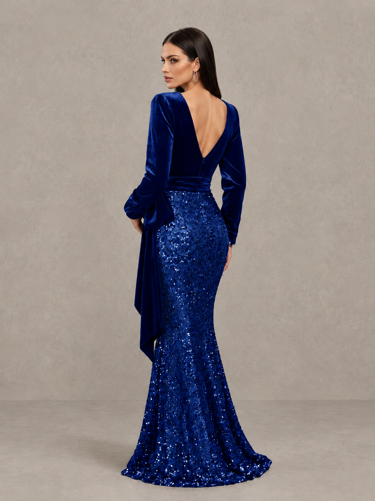 BOLODOO Royal Blue Velvet & Sequin Long Sleeve V-Neck Mermaid Evening Gown - Royal Blue - Royal Blue_2
