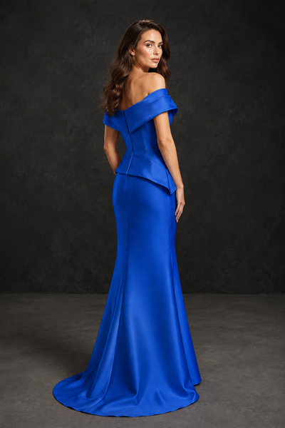 BOLODOO Royal Blue Satin Off-Shoulder Sweetheart Asymmetric Peplum Mermaid Gown with Royal Blue Floral Embroidery | MOB Evening Dress - Royal Blue
