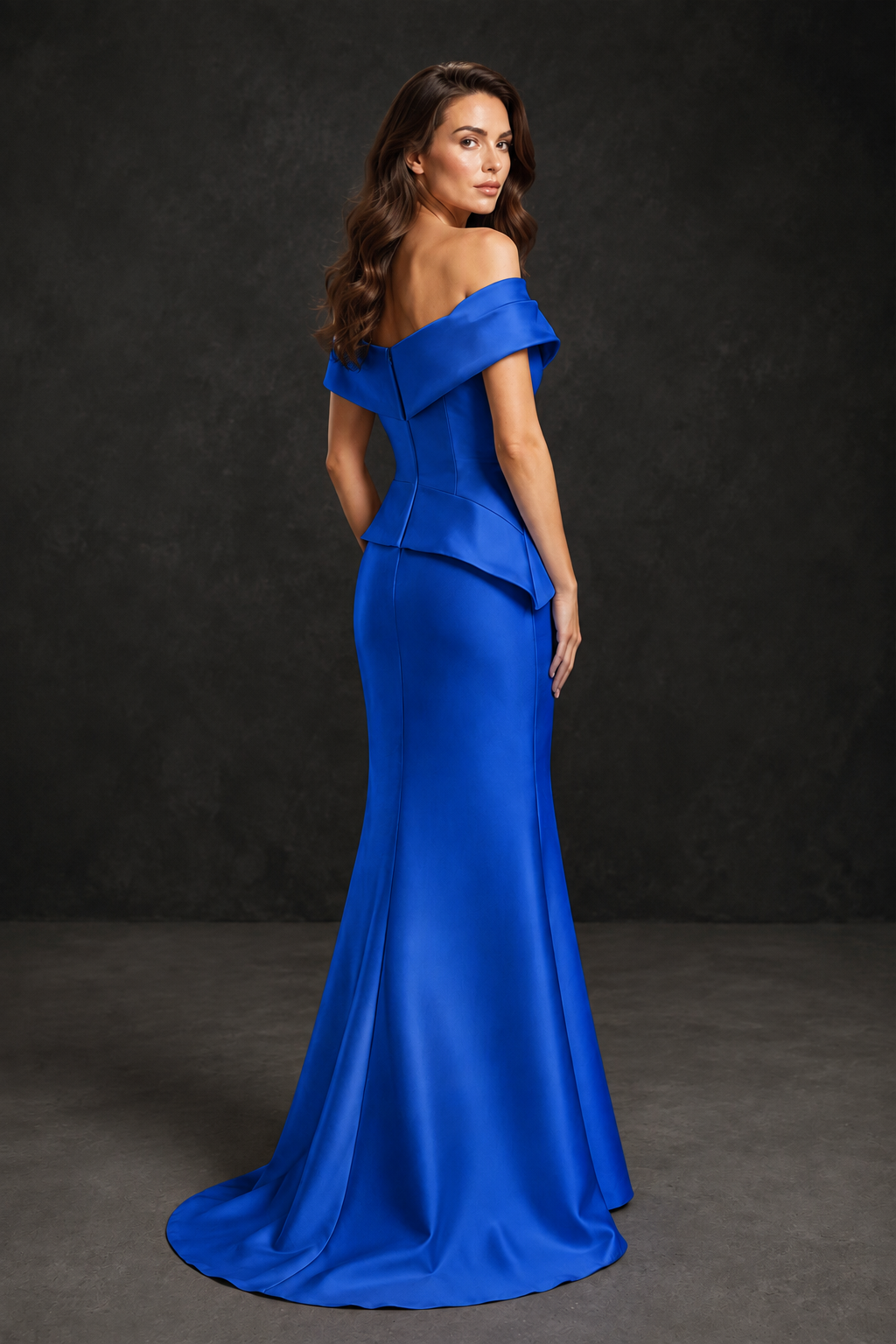 BOLODOO Royal Blue Satin Off-Shoulder Sweetheart Asymmetric Peplum Mermaid Gown with Royal Blue Floral Embroidery | MOB Evening Dress - Royal Blue