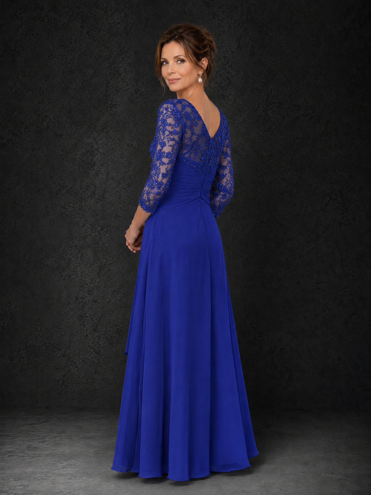 BOLODOO Royal Blue Sequin Lace & Chiffon Tea-Length Mother of the Bride Dress with 3/4 Sleeves - Royal Blue