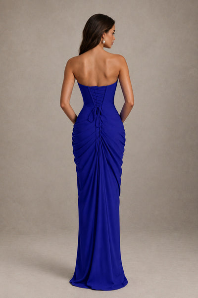 BOLODOO Strapless Draped Maxi Dress - Royal Blue Backless Evening Gown with High Slit - Royal Blue - Royal Blue_2