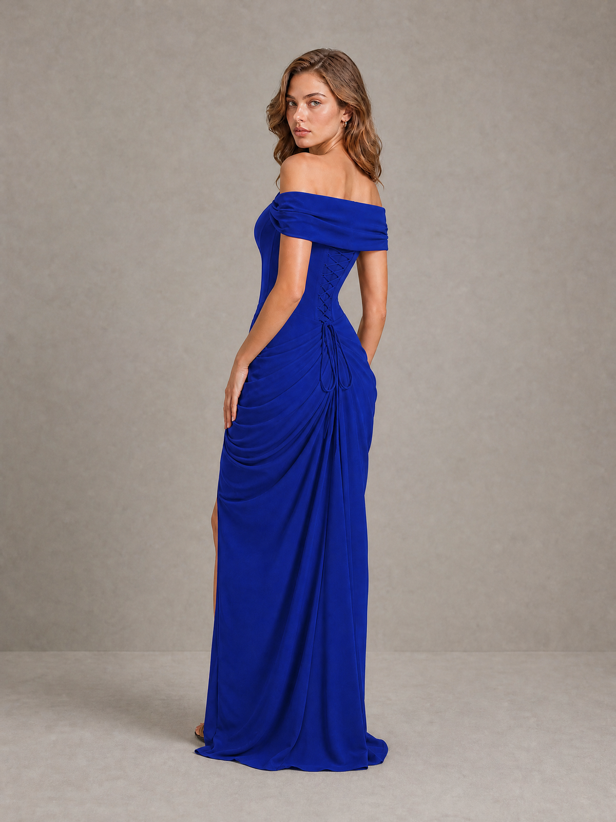 BOLODOO Royal Blue Off-Shoulder Ruched Corset Wedding Guest Dress with Slit - Royal Blue - Royal_Blue_2