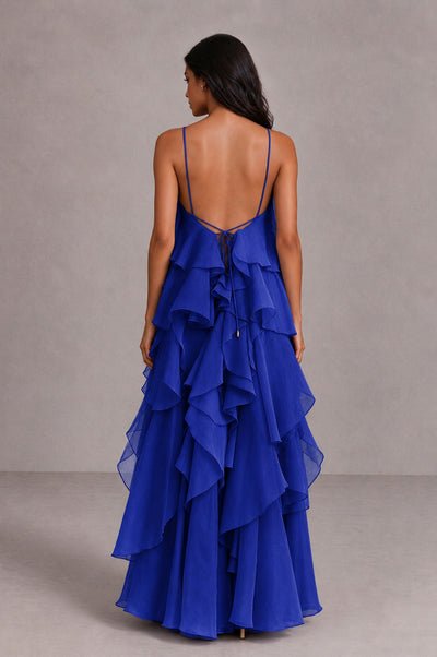 BOLODOO Royal Blue Cascading Ruffle Rosette Open-Back Maxi Dress - Royal Blue - Royal Blue_2