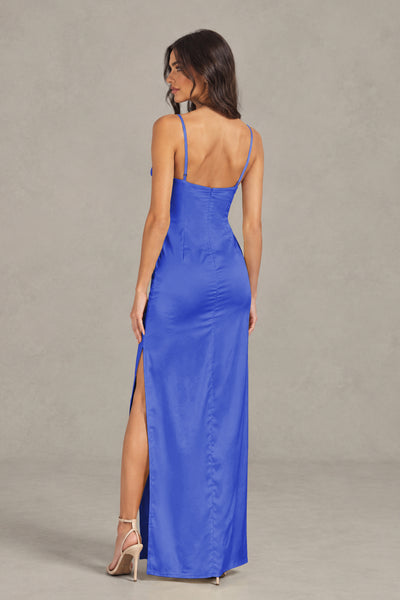 BOLODOO Royal Blue Satin Cowl Neck Open Back Mermaid Maxi Dress with Side Slit - Royal Blue