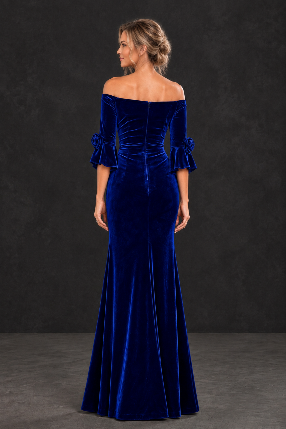 BOLODOO Royal Blue Velvet Off-Shoulder Mother of the Bride Dress – 3/4 Floral Cuff Sleeve Mermaid Evening Gown - Royal Blue - Royal Blue_2
