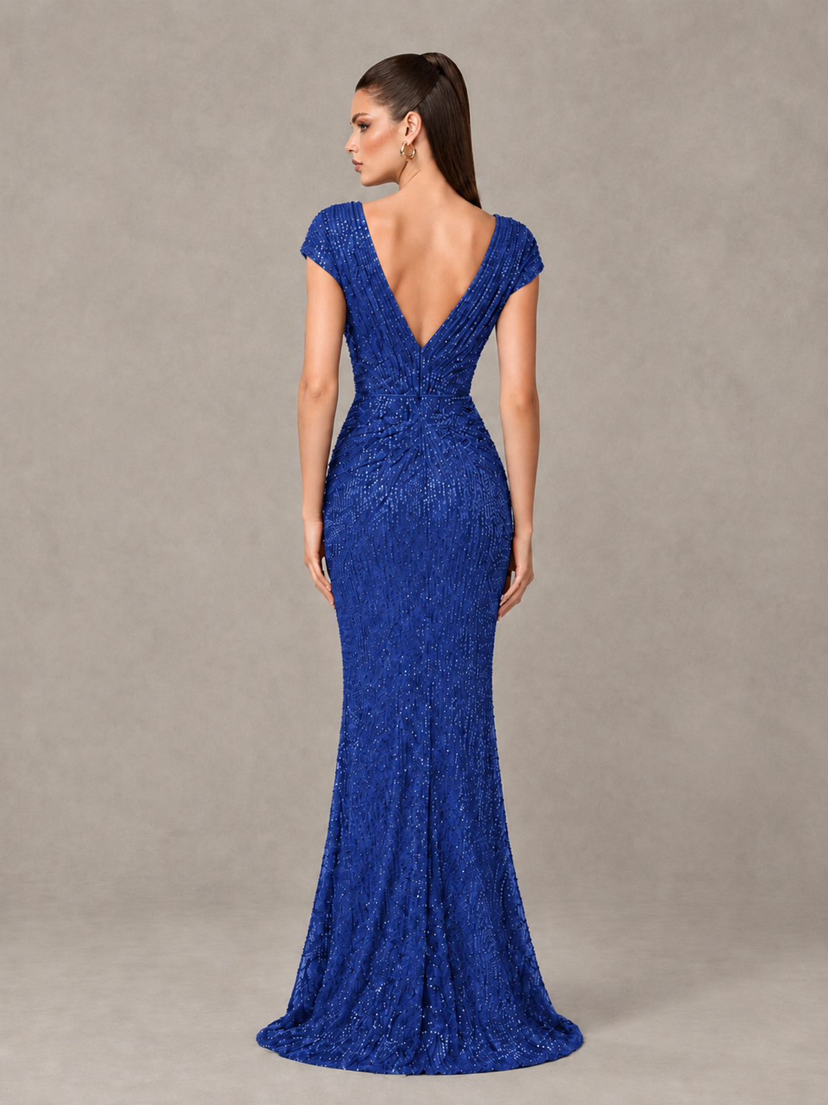BOLODOO Royal Blue Glitter V-Neck Cap Sleeve Ruched Mermaid Evening Gown - Royal Blue - Royal Blue_2