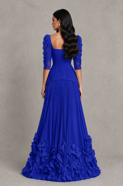 BOLODOO Royal Blue Square Neck Pleated Floral Applique Evening Dress - Royal Blue - Royal Blue_2