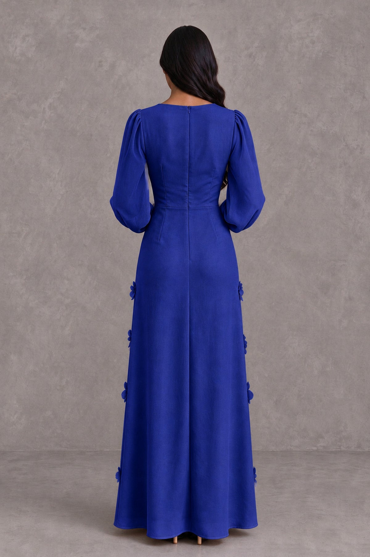 BOLODOO Royal Blue Long Sleeve Floral Applique A-Line Evening Dress - Royal Blue - Royal Blue_2