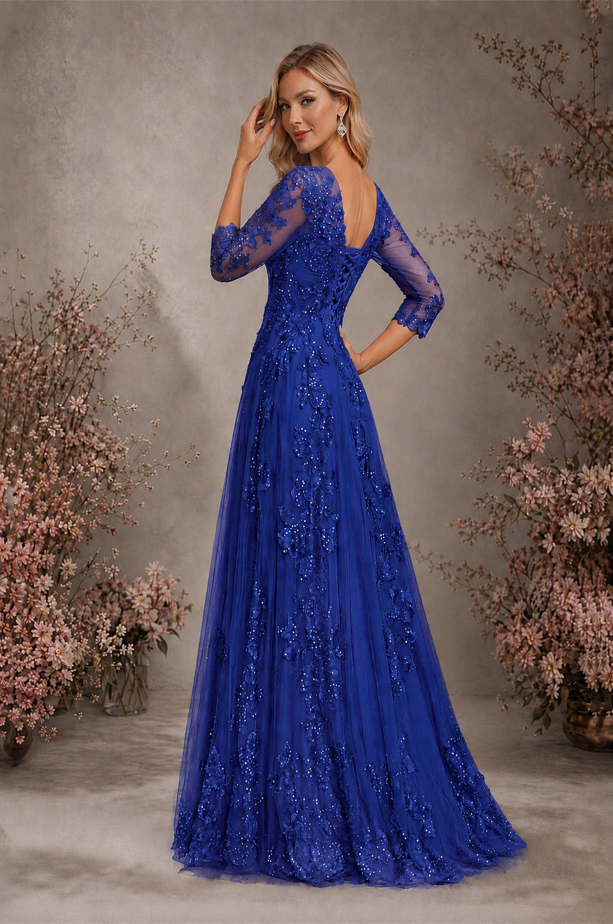 BOLODOO Royal Blue Sequin Lace 3/4 Sleeve Open Back Formal Evening Gown - Royal Blue