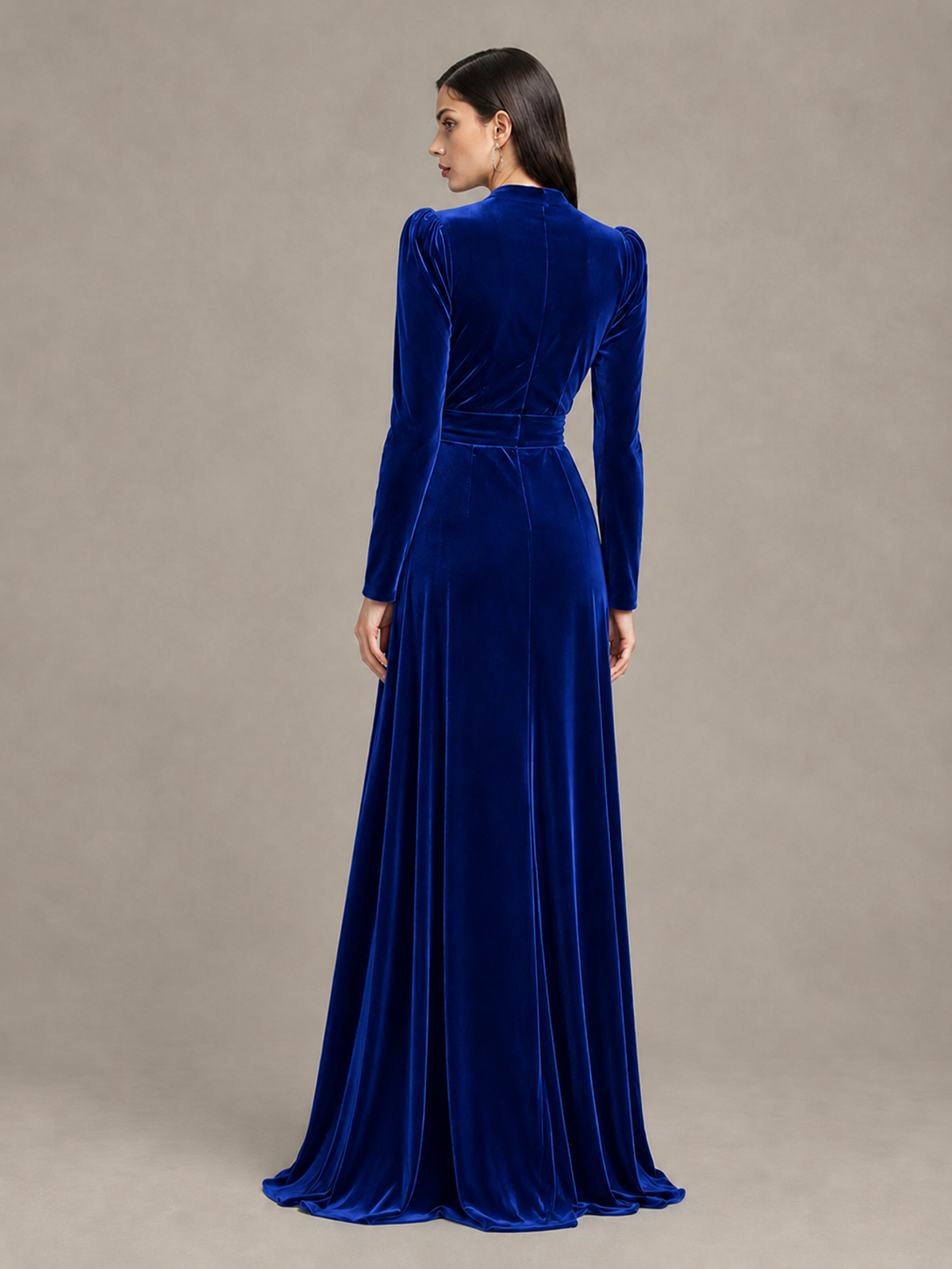 BOLODOO Royal Blue Long Sleeve Velvet-Look Evening Dress with High Slit - Royal Blue - Royal Blue_2