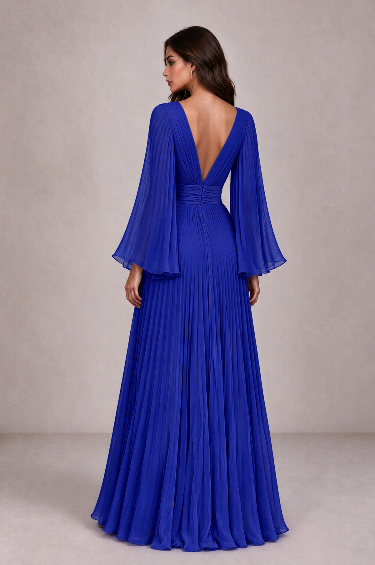 BOLODOO Royal Blue Pleated Deep V-Neck Long Bell Sleeve Evening Dress - Royal Blue - Royal_Blue_2