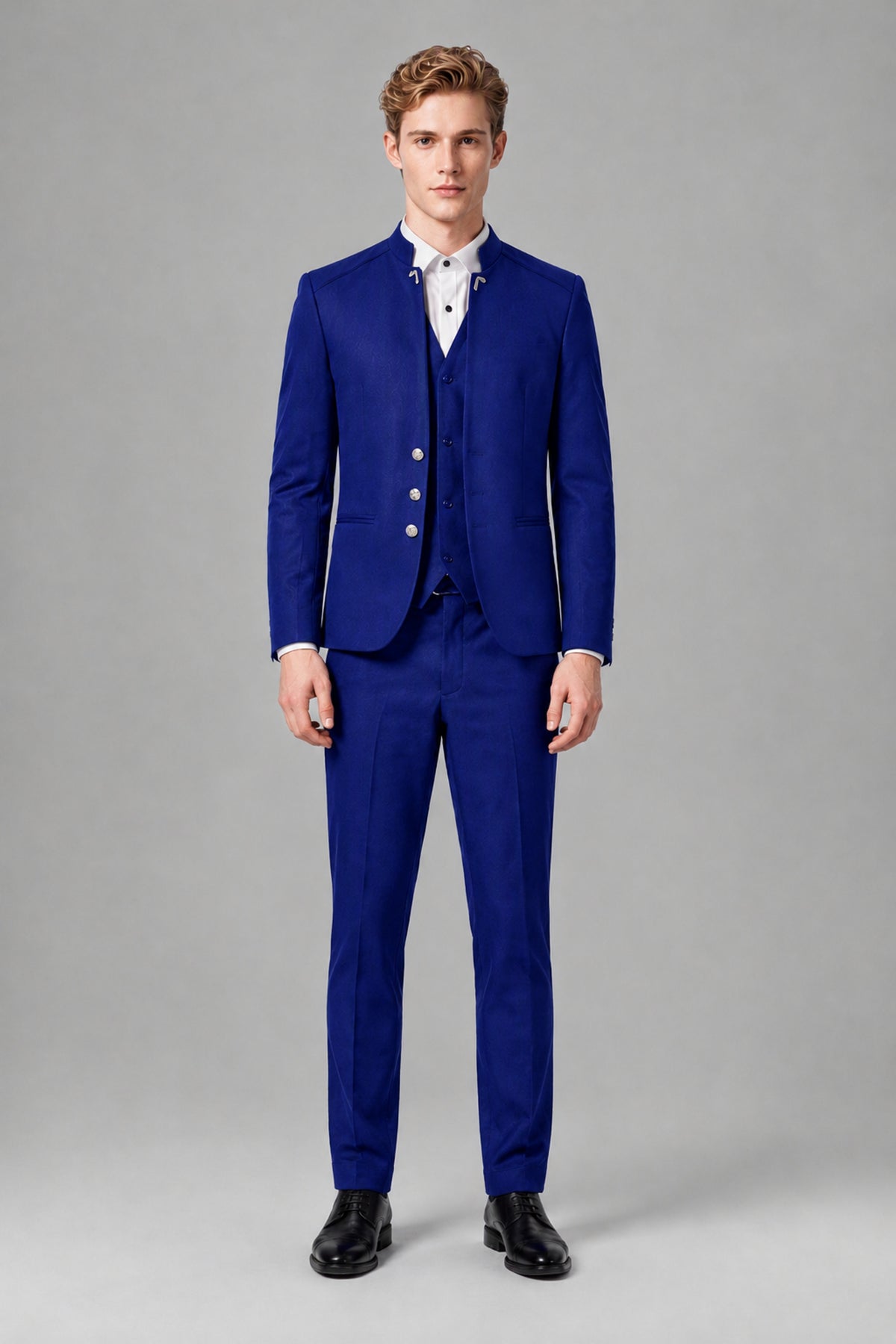 Bolodoo Men's Royal Blue Mandarin Collar 3-Piece Suit – Jacket, Vest & Trousers - Royal Blue - Royal Blue_2