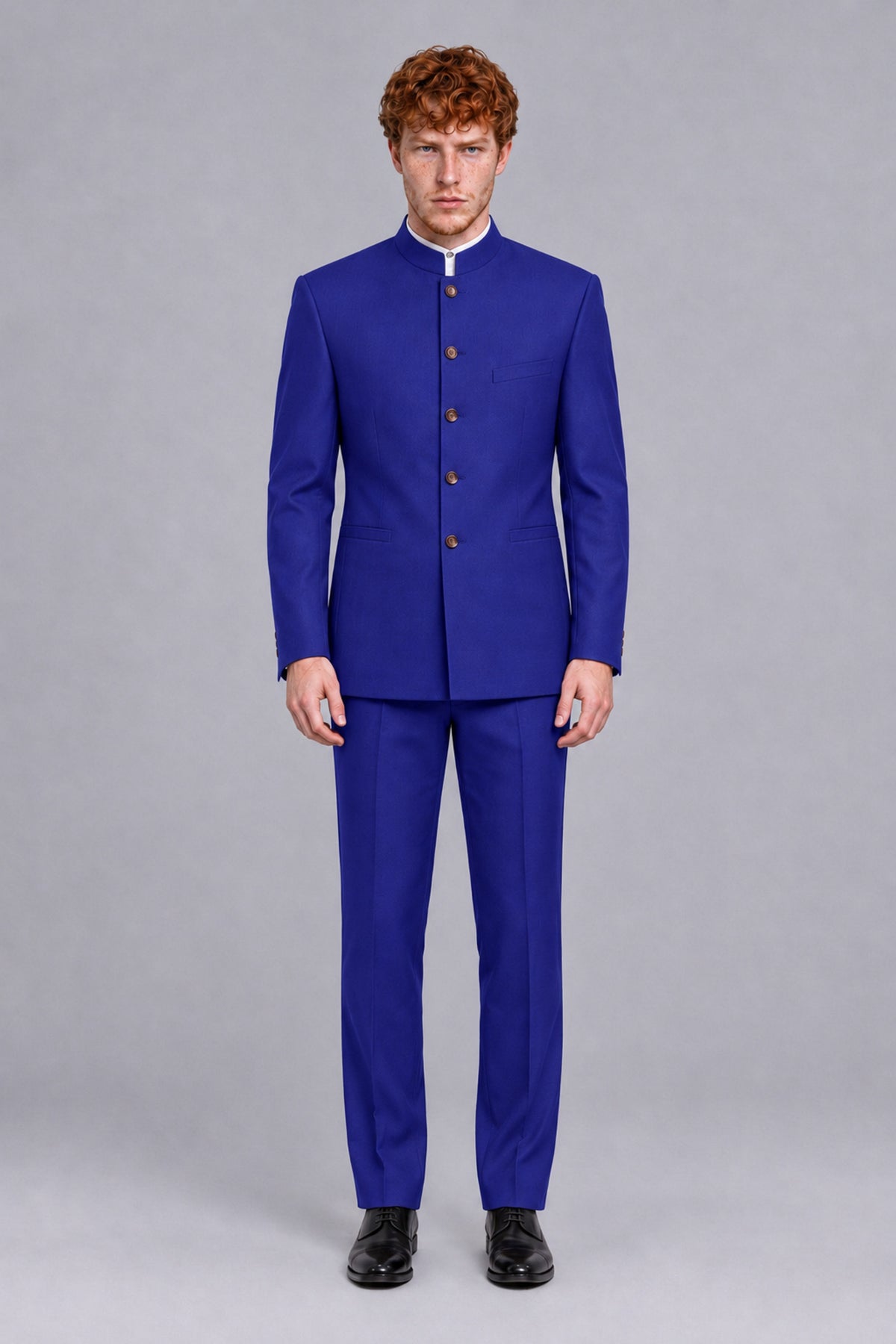 BOLODOO Men's Royal Blue Mandarin Collar Two-Piece Suit - Royal Blue - Royal Blue_2
