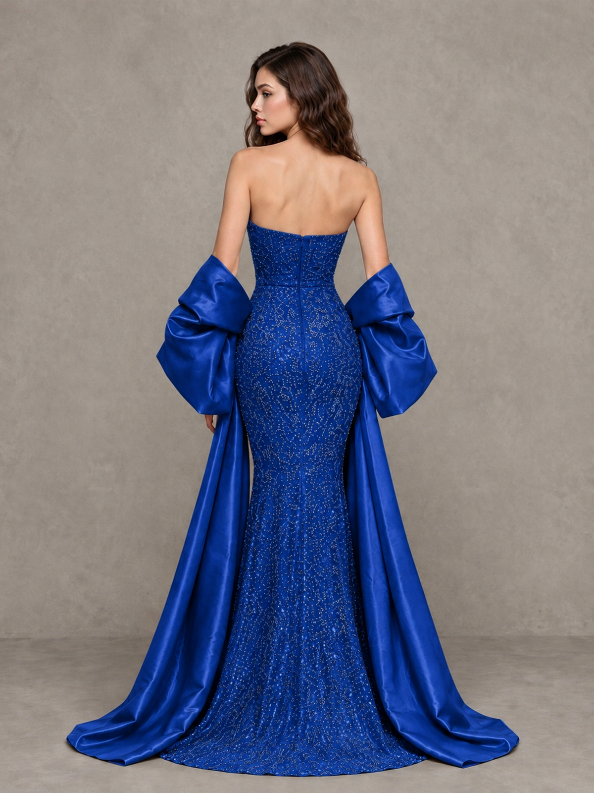 BOLODOO Royal Blue Strapless Sparkle Mermaid Prom Dress with Front Slit and Draped Sleeves - Royal Blue - Royal Blue_2