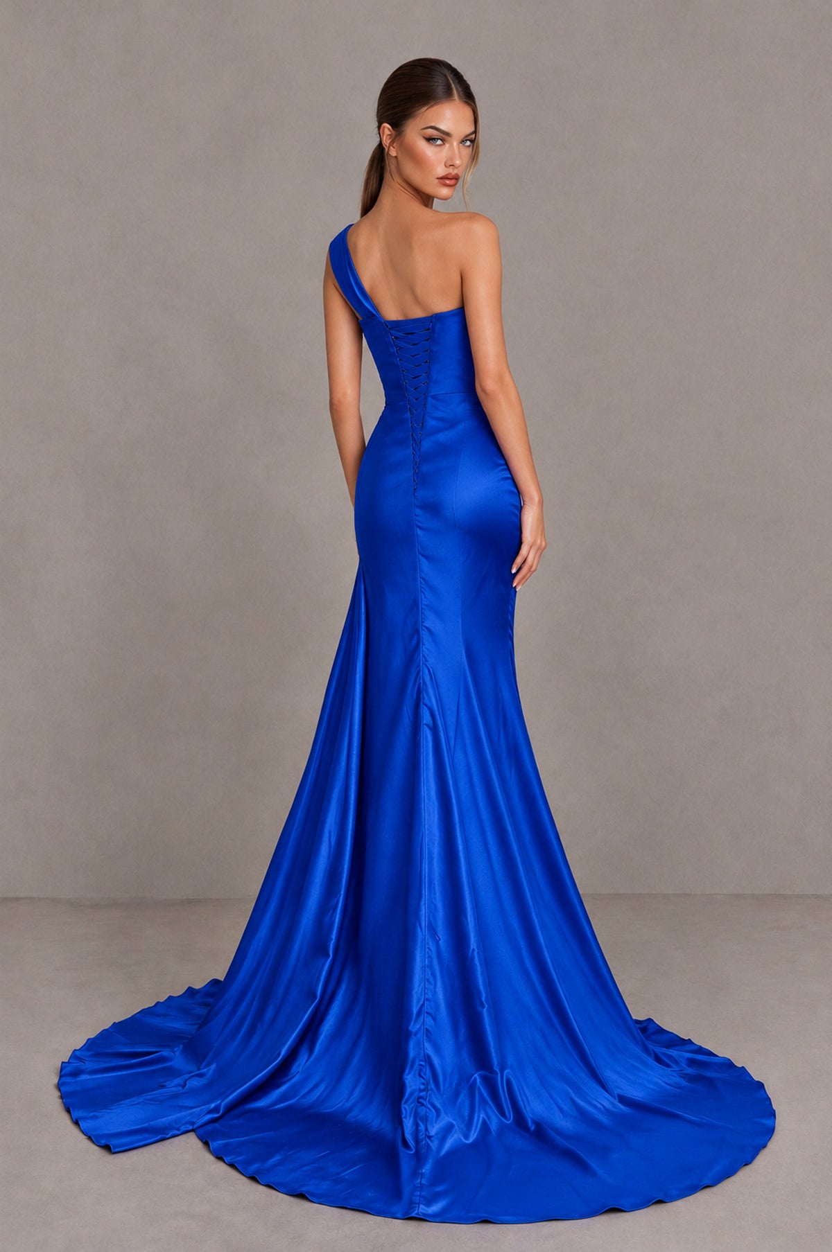 BOLODOO Royal Blue One Shoulder Satin Mermaid Evening Dress with Ruched Slit Skirt - Royal Blue - Royal Blue_2