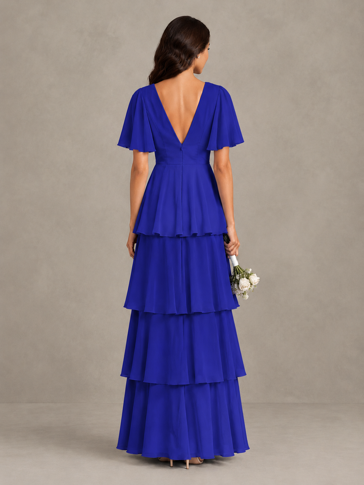 BOLODOO Royal Blue Tiered Flutter Sleeve Bridesmaid Dress - Royal Blue - Royal Blue_2