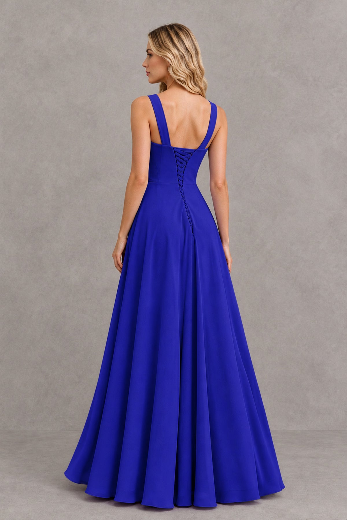 BOLODOO Royal Blue Square Neck Ruffle A-Line Bridesmaid Dress with Slit - Royal Blue - Royal Blue_2