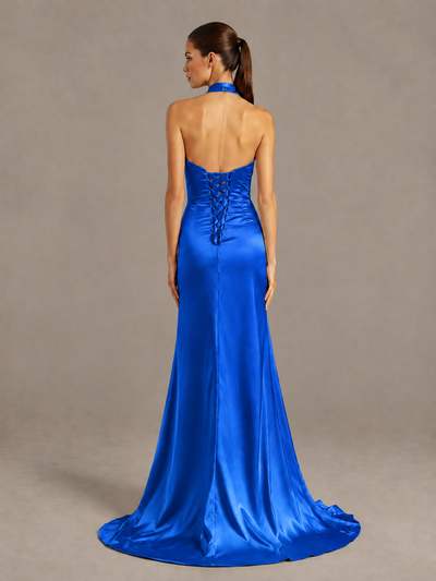 BOLODOO Royal Blue Halter Satin Evening & Prom Dress with High Slit - Royal Blue - Royal Blue_2