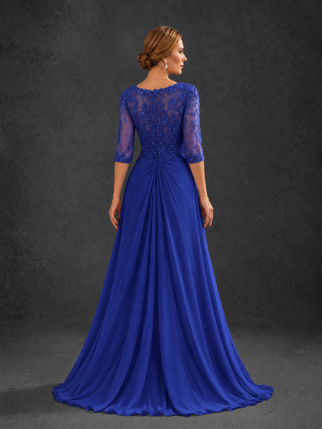 BOLODOO Royal Blue Sweetheart Neck 3/4 Sleeve Floral Lace Illusion Bodice Chiffon A-Line Gown - Royal Blue