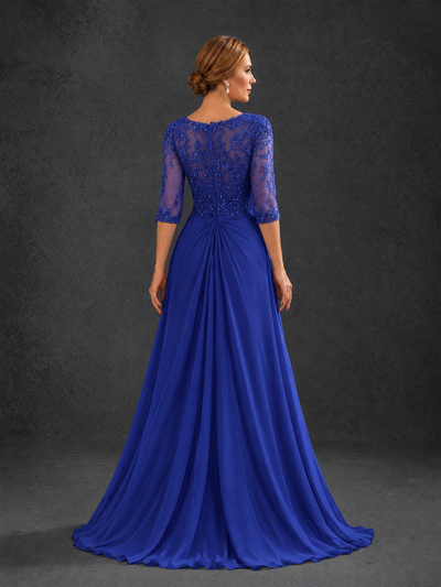 BOLODOO Royal Blue Sweetheart Neck 3/4 Sleeve Floral Lace Illusion Bodice Chiffon A-Line Gown - Royal Blue