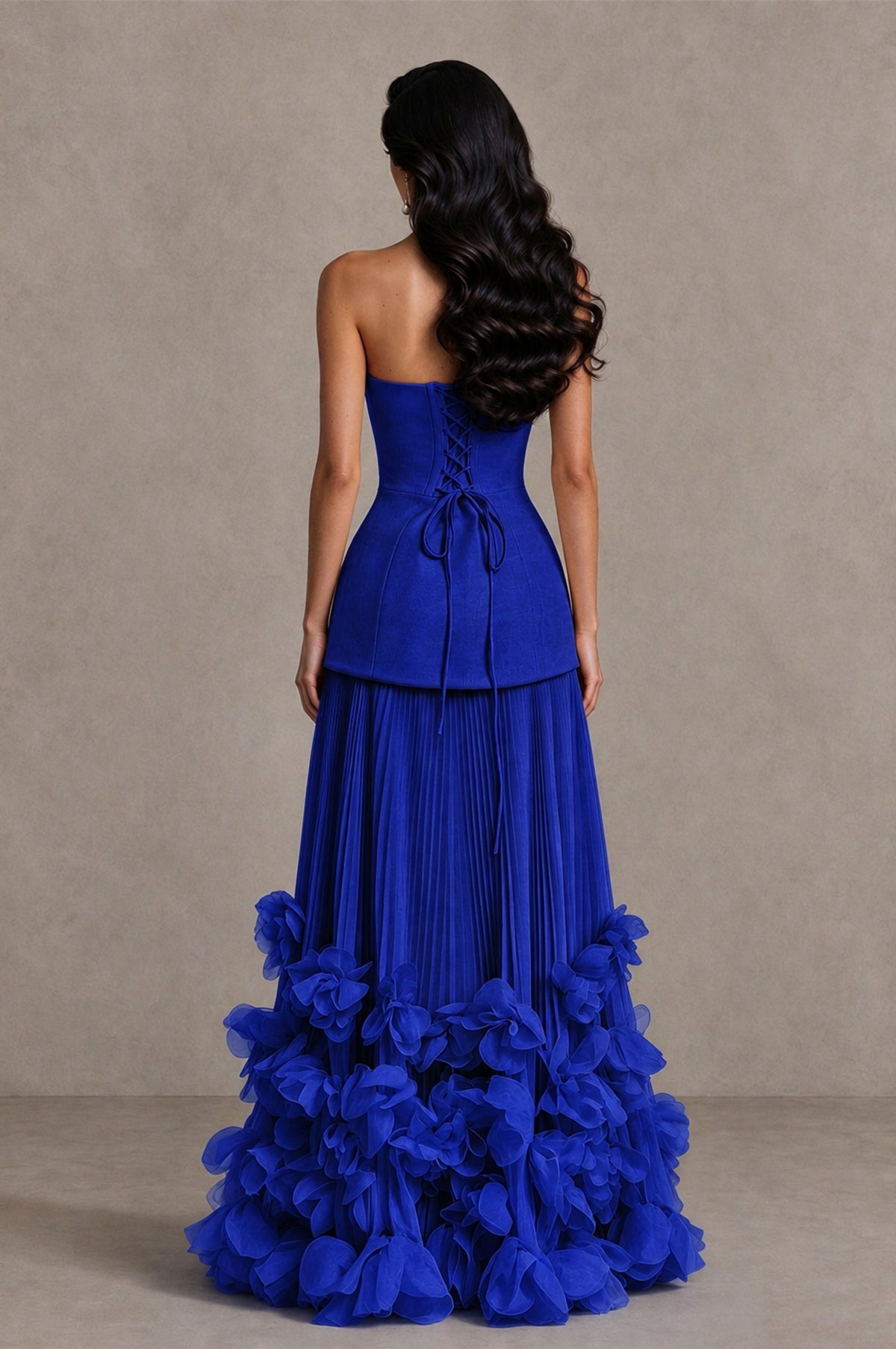 BOLODOO Royal Blue Strapless Pleated Floral Hem Evening Gown - Royal Blue - Royal Blue_2