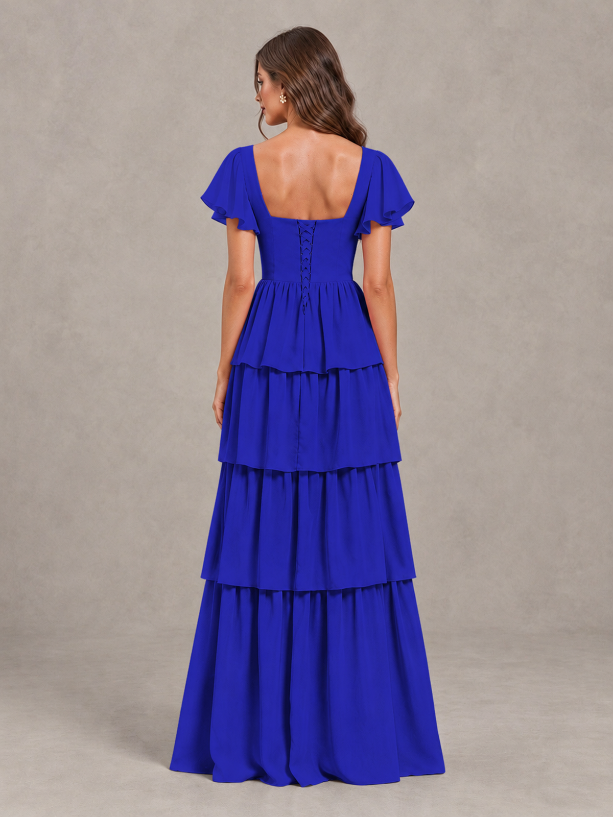 BOLODOO Royal Blue Flutter Sleeve Tiered Maxi Bridesmaid Dress - Royal Blue - Royal Blue_2