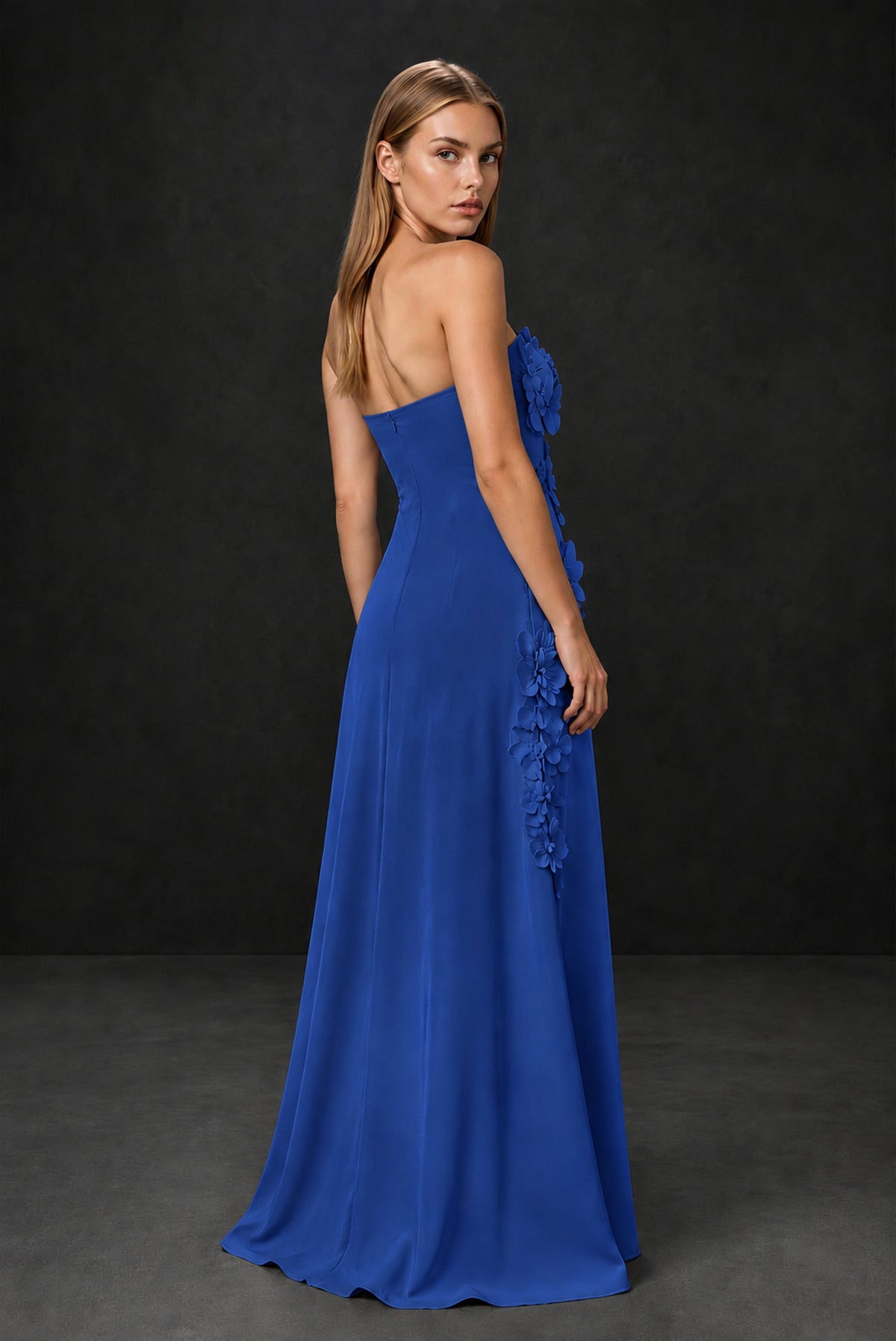 BOLODOO Royal Blue Strapless 3D Floral Appliqué Crepe Maxi Gown - Royal Blue