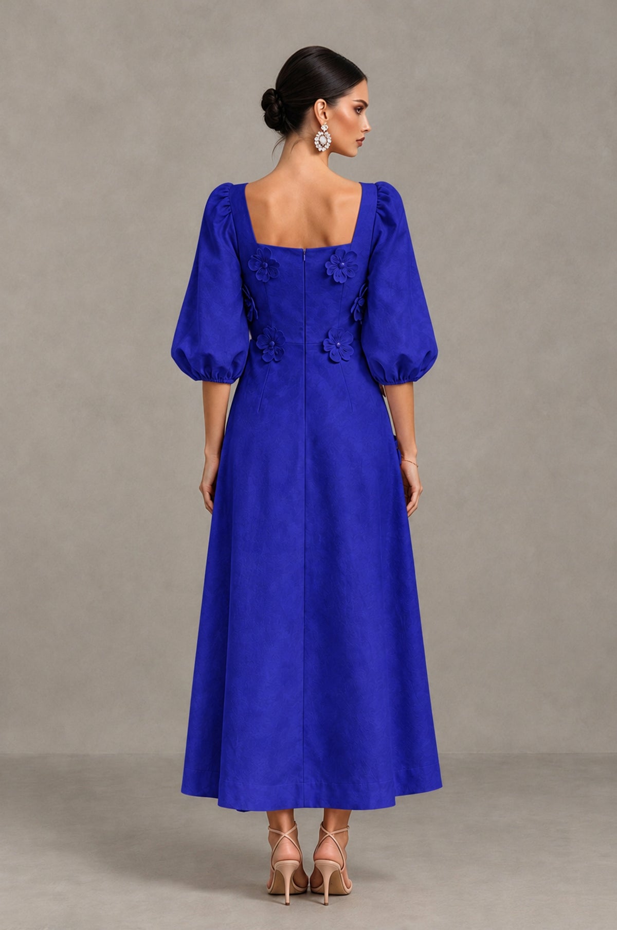 BOLODOO Royal Blue 3D Floral Puff Sleeve Midi Cocktail Dress - Royal Blue - Royal Blue_2
