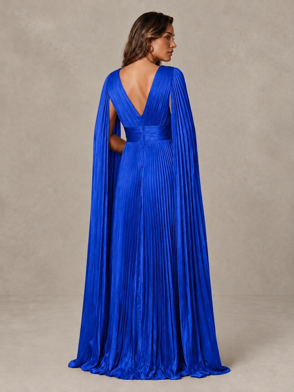 BOLODOO Royal Blue Deep V-Neck Pleated Cape Sleeve Evening Gown - Royal Blue - Royal Blue_2
