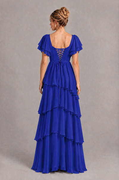 BOLODOO Royal Blue Square Neck Flutter Sleeve Tiered Chiffon Bridesmaid Dress with Lace-Up Back - Royal Blue - Royal Blue_2