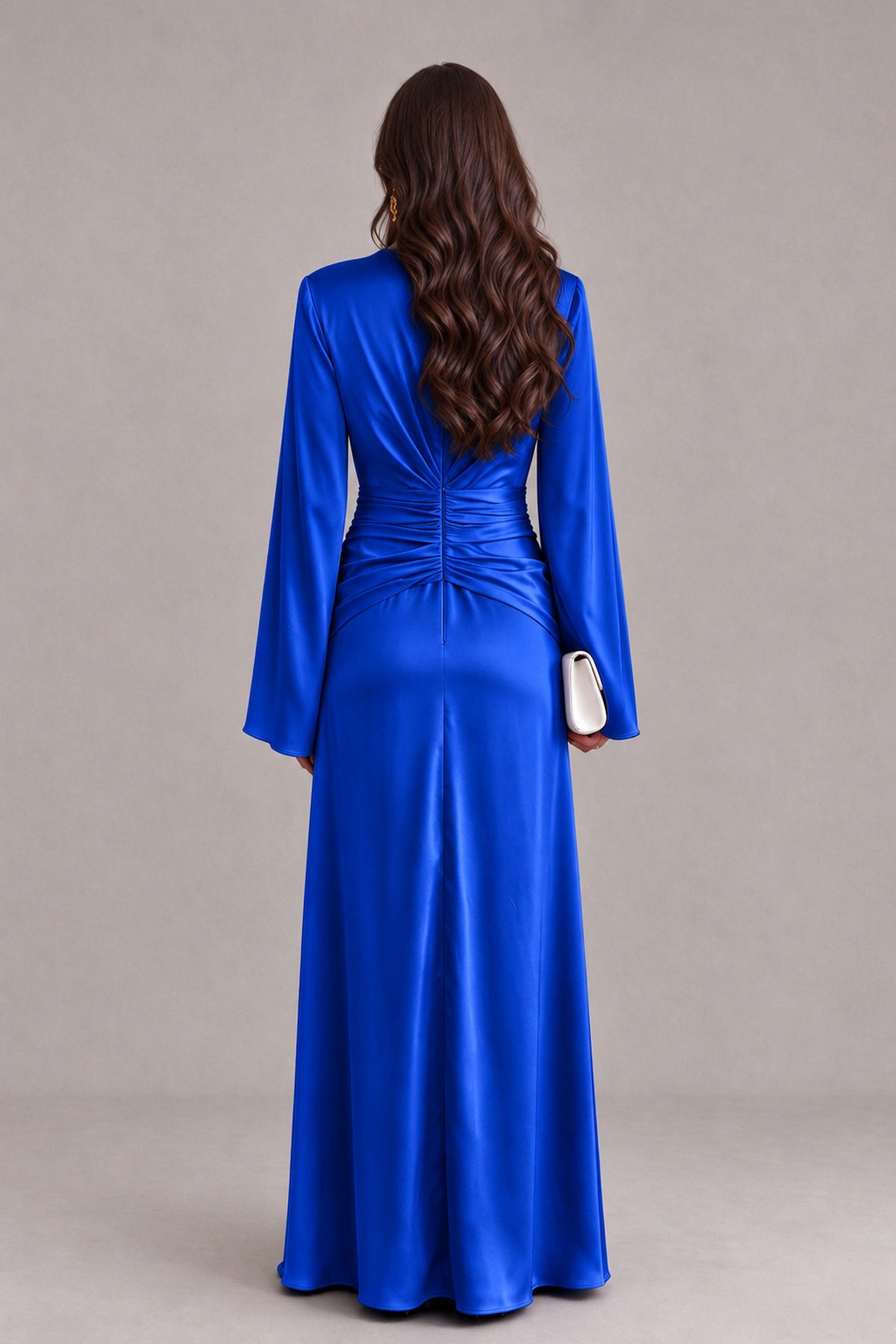 BOLODOO Royal Blue Yellow Satin-Look V-Neck Long Bell Sleeve Evening Dress - Royal Blue - Royal_Blue_2