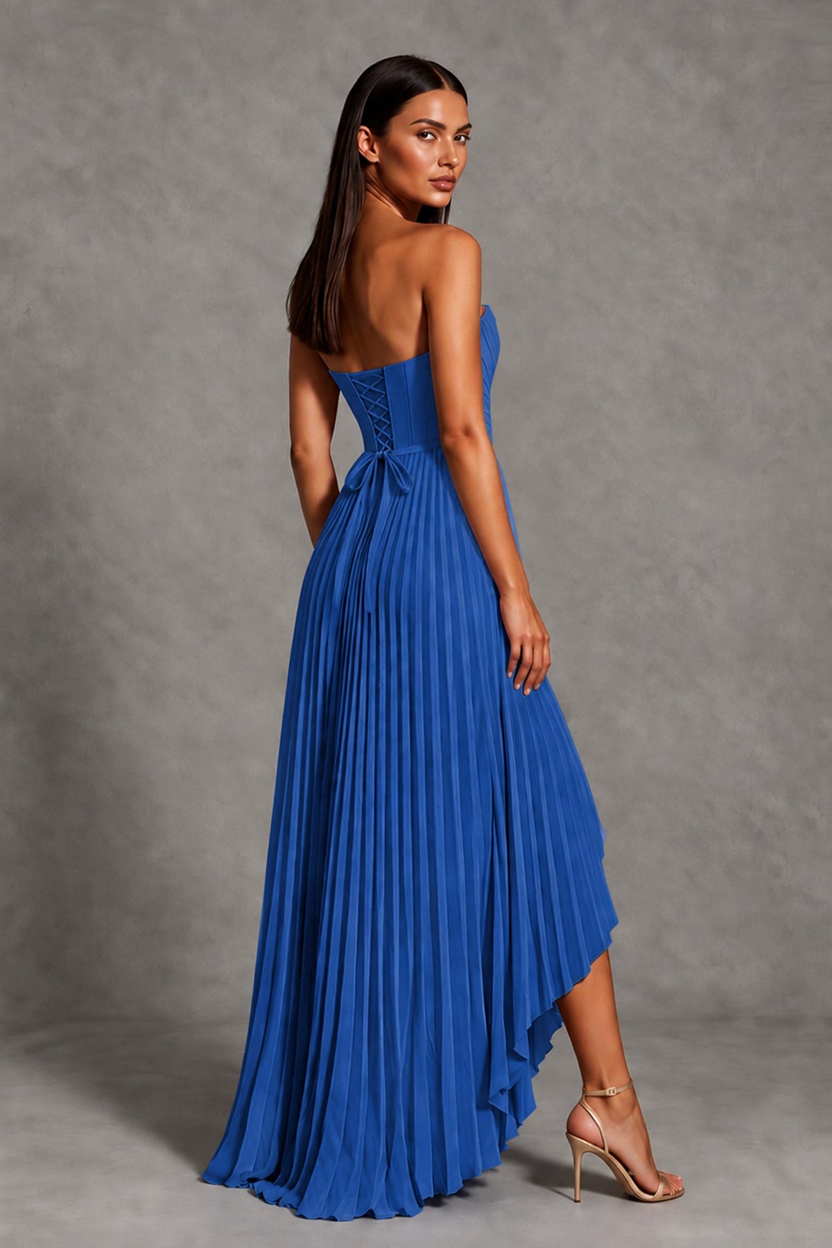 Royal Blue Strapless Pleated High-Low Evening Gown with Ruffle Hem - Royal Blue