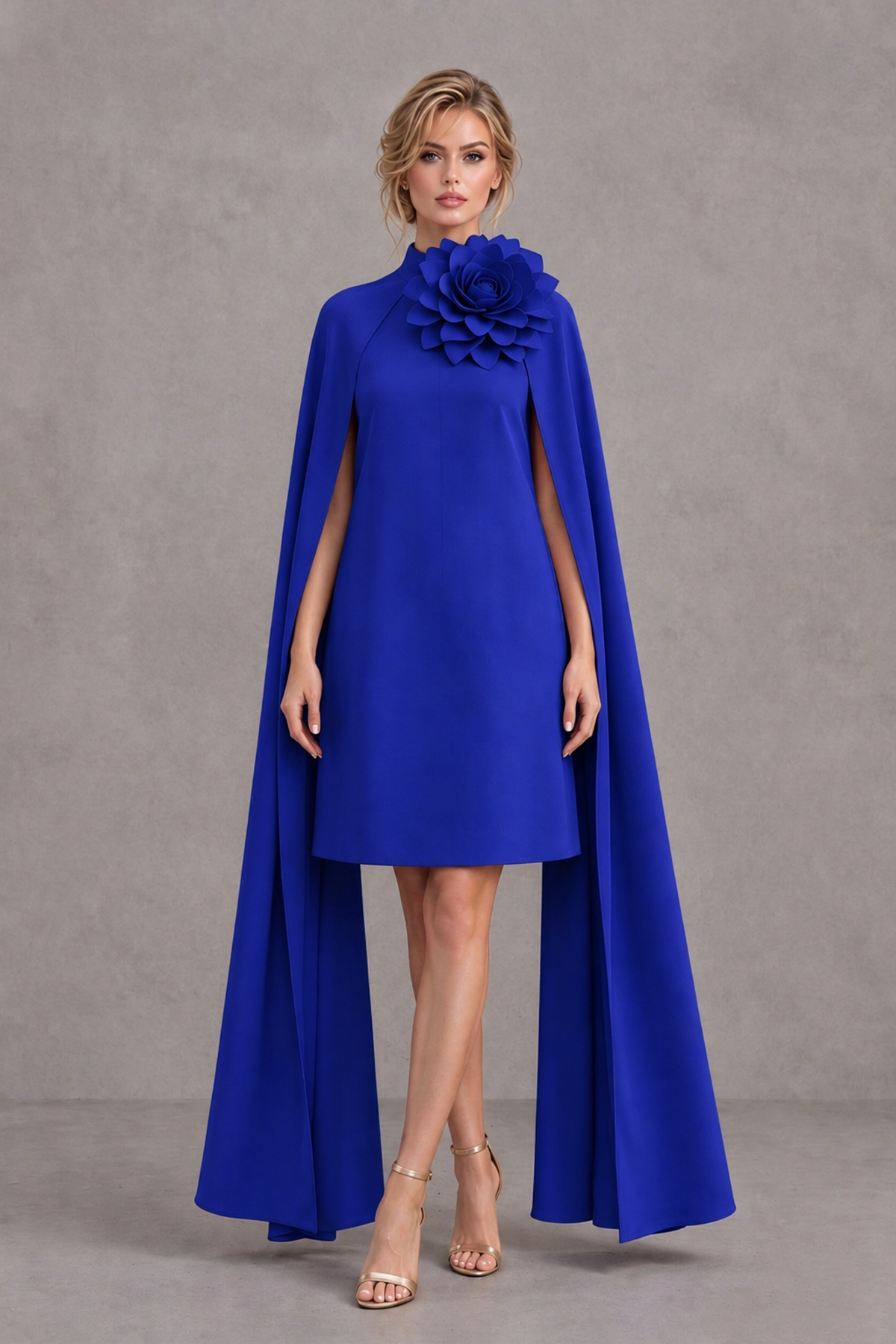 BOLODOO Royal Blue High Neck Floral Cape Mini Cocktail Dress - Royal Blue - Royal Blue_2