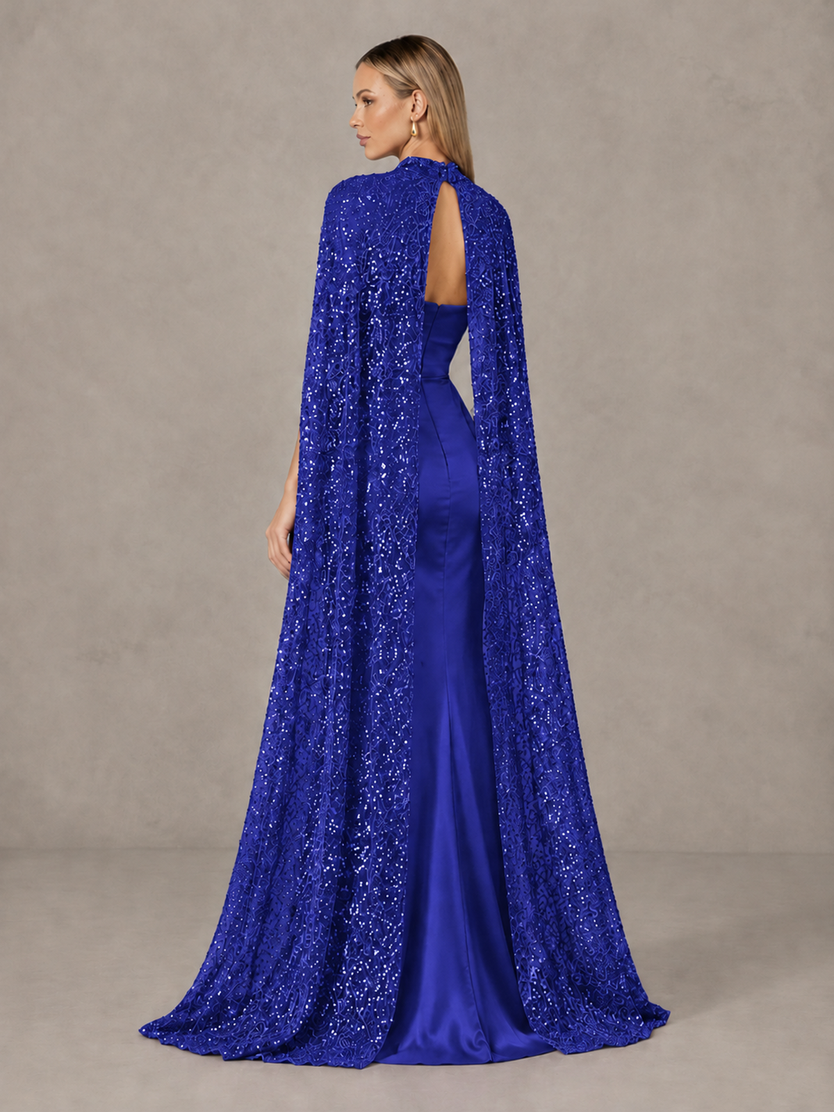 BOLODOO Royal Blue Strapless Satin-Look Evening Gown with Sequin Cape - Royal Blue - Royal_Blue_2