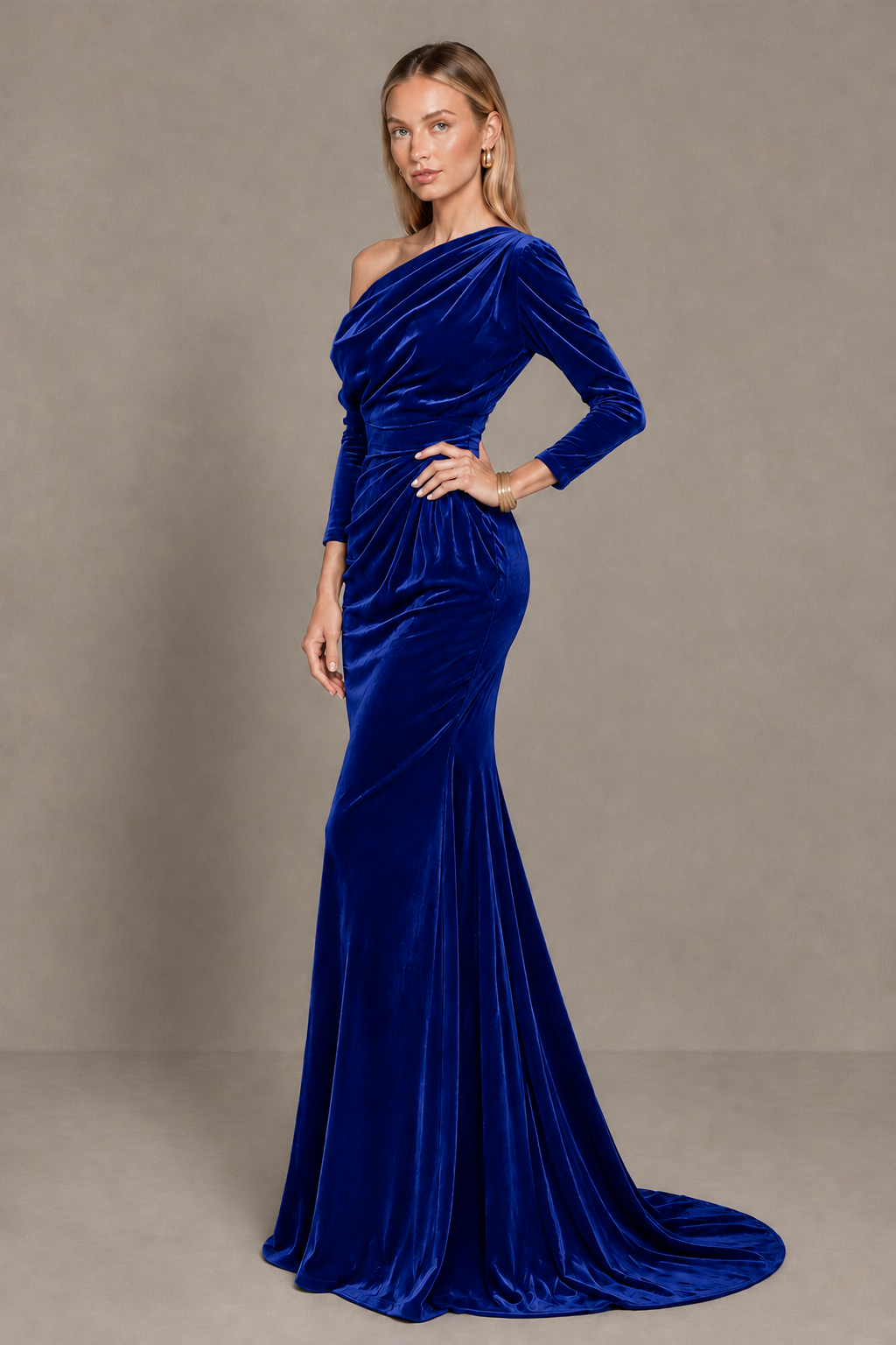 BOLODOO Royal Blue Velvet Asymmetric Neck Mermaid Evening Dress - Royal Blue - Royal Blue_2