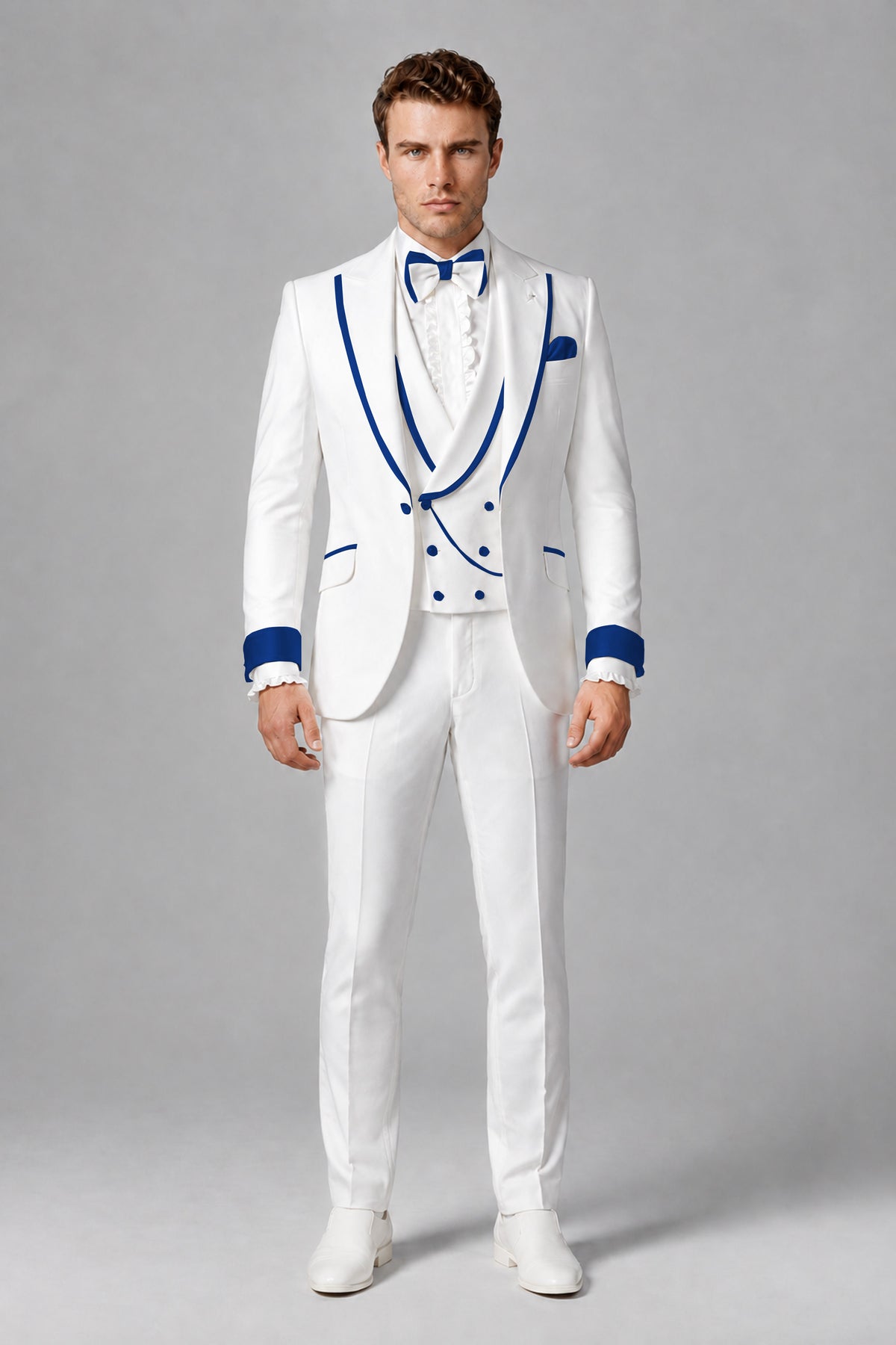 Bolodoo Men's White and Royal Blue Three-Piece Wedding Tuxedo Suit - Royal Blue - Royal Blue_2