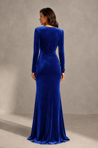 BOLODOO Royal Blue Velvet Long Sleeve V-Neck Ruched Evening Gown - Royal Blue