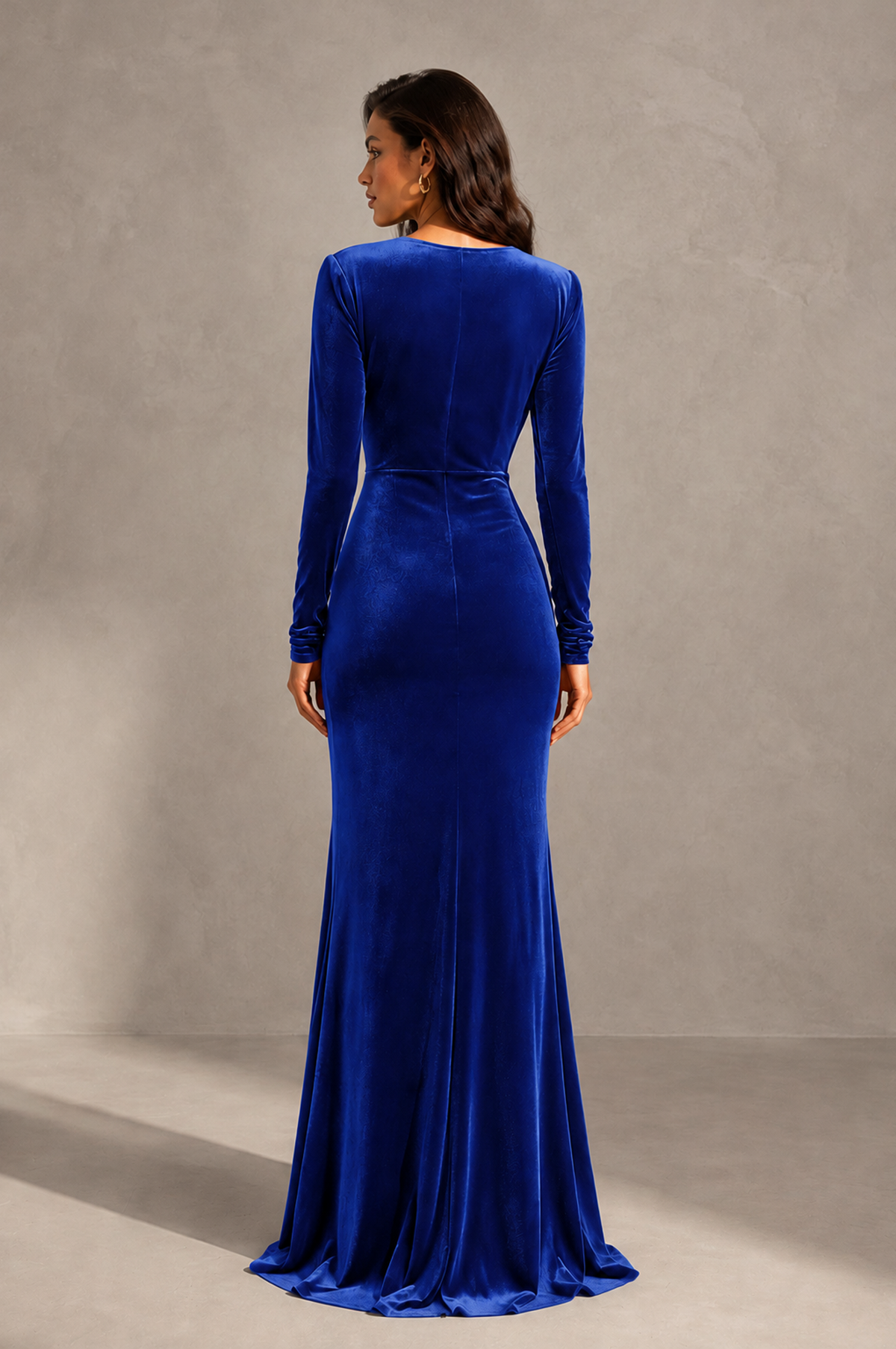 BOLODOO Royal Blue Velvet Long Sleeve V-Neck Ruched Evening Gown - Royal Blue