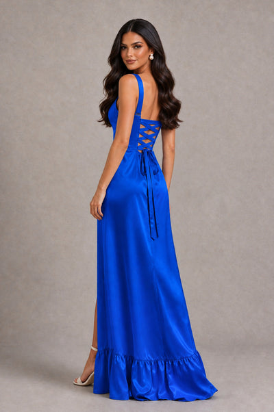 BOLODOO Royal Blue Square Neck Satin Evening Dress with Lace-Up Back and High Slit - Royal Blue - Royal Blue_2