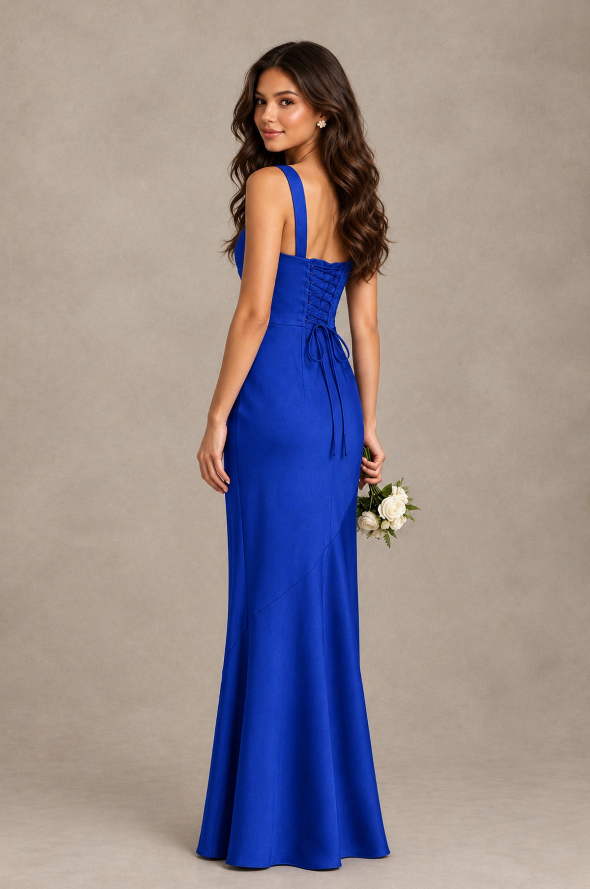 BOLODOO Royal Blue Square Neck Ruched Satin Lace-Up Bridesmaid Dress - Royal Blue - Royal Blue_2