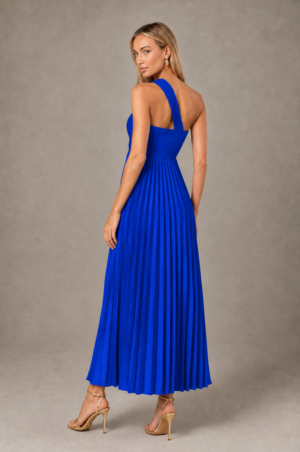 BOLODOO Royal Blue One-Shoulder Twist Knot Pleated Satin Midi Dress with Cutout - Royal Blue - Royal_Blue_2